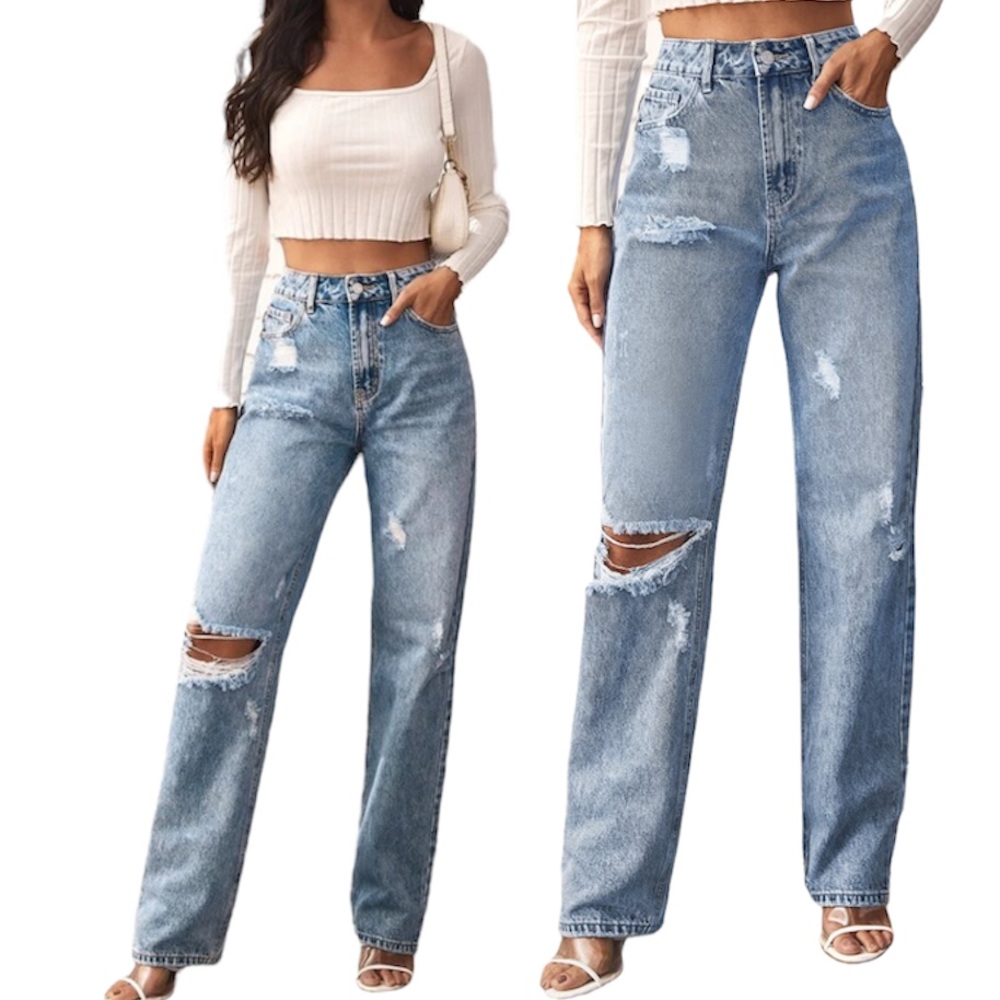Shein High Waisted Distressed Ripped Jeans Size L - Picture 2 of 8